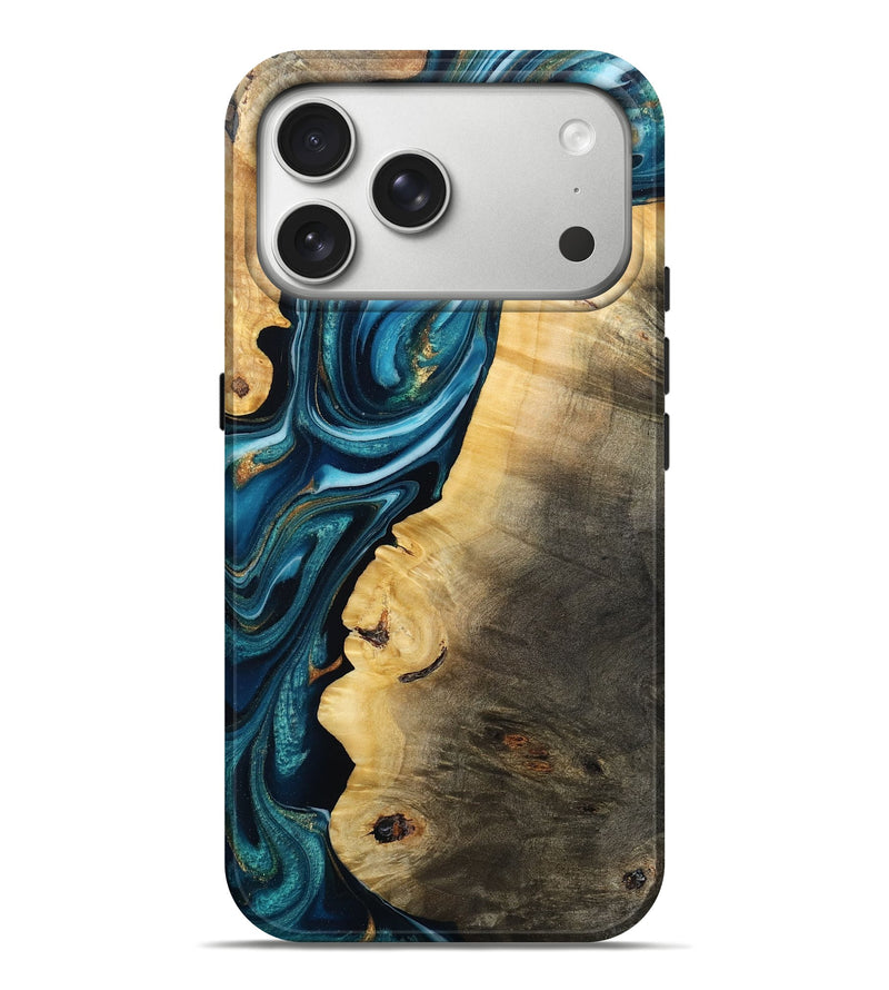 iPhone 17 Pro Max Wood Live Edge Phone Case - Jessi (Teal & Gold, 793405)