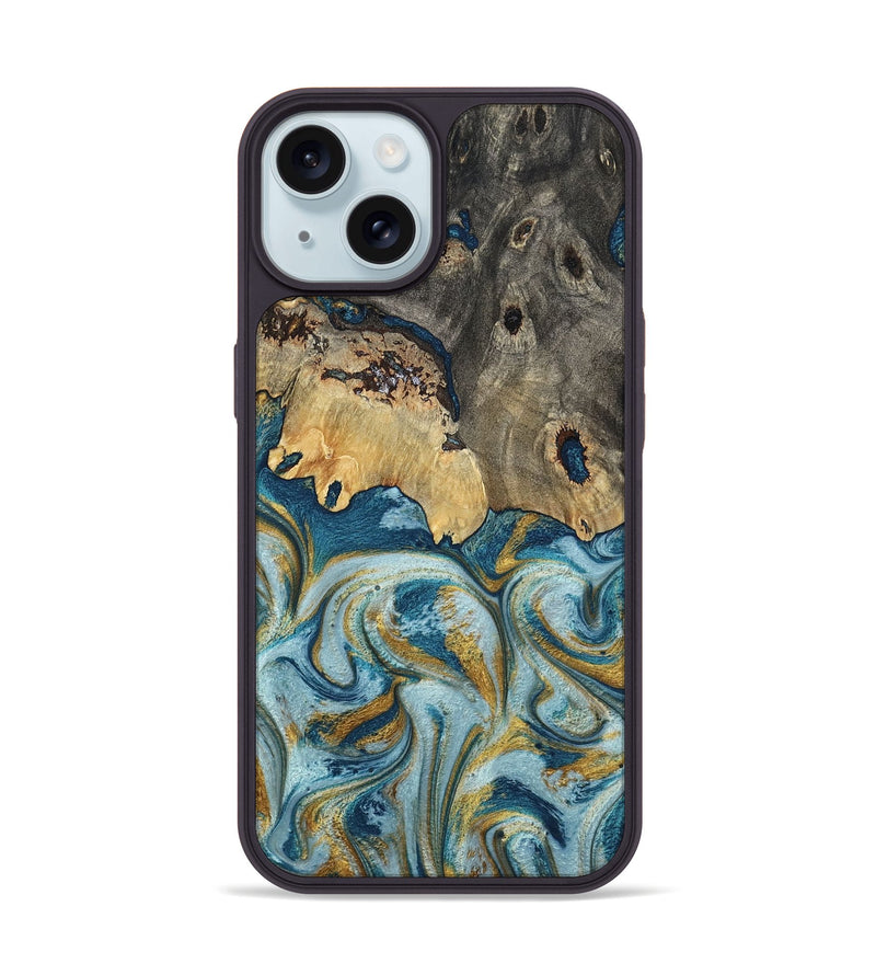 iPhone 15 Wood Phone Case - Joselin (Teal & Gold, 794123)