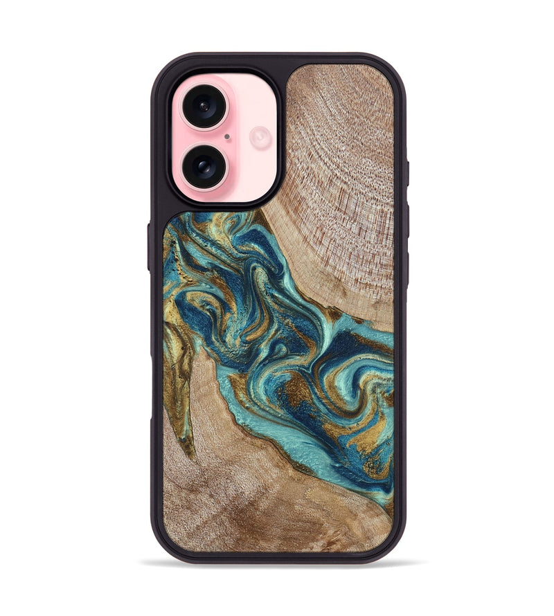 iPhone 16 Wood Phone Case - Amora (Teal & Gold, 794134)