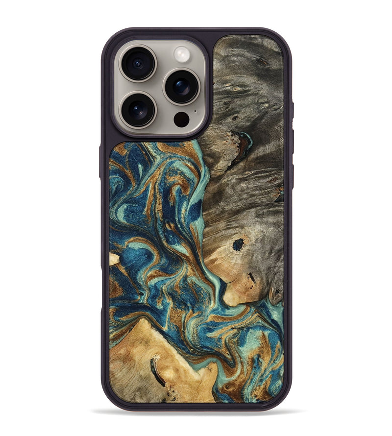 iPhone 16 Pro Max Wood Phone Case - Dayami (Teal & Gold, 794516)