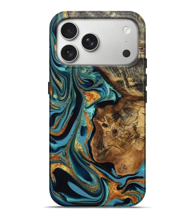 iPhone 17 Pro Max Wood Live Edge Phone Case - Enoch (Teal & Gold, 795123)