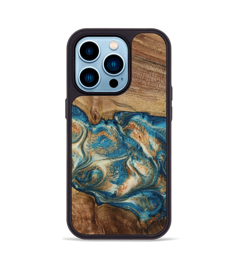 iPhone 14 Pro Wood Phone Case - Sibyl (Teal & Gold, 795413)