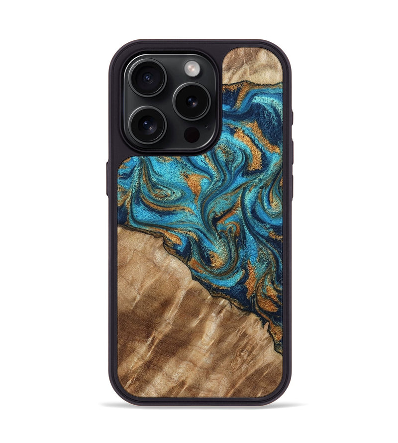 iPhone 15 Pro Wood Phone Case - Keon (Teal & Gold, 795434)