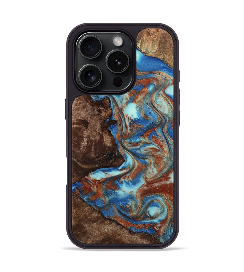 iPhone 16 Pro Wood Phone Case - Jean (Teal & Gold, 795435)