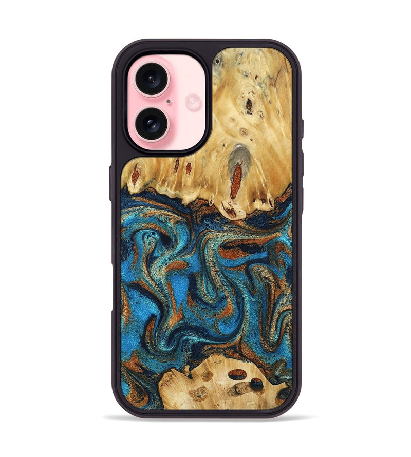 iPhone 16 Wood Phone Case - Neriah (Teal & Gold, 795448)