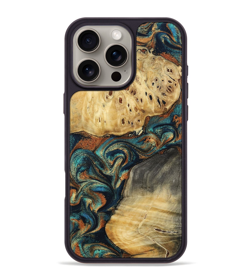 iPhone 16 Pro Max Wood Phone Case - Olen (Teal & Gold, 795460)