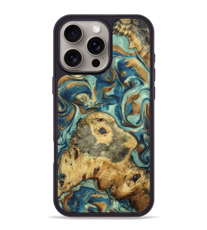 iPhone 16 Pro Max Wood Phone Case - Latanya (Teal & Gold, 795468)