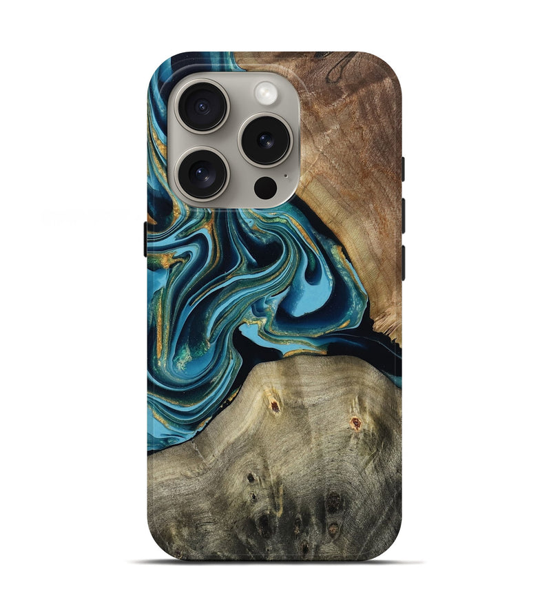 iPhone 16 Pro Wood Live Edge Phone Case - Frank (Teal & Gold, 795568)