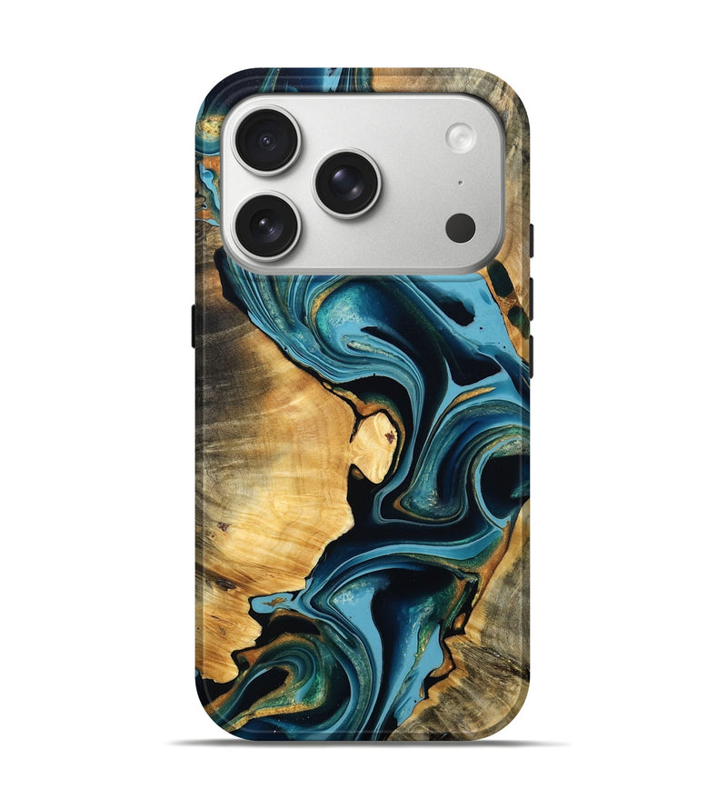 iPhone 17 Pro Wood Live Edge Phone Case - Bulah (Teal & Gold, 795569)
