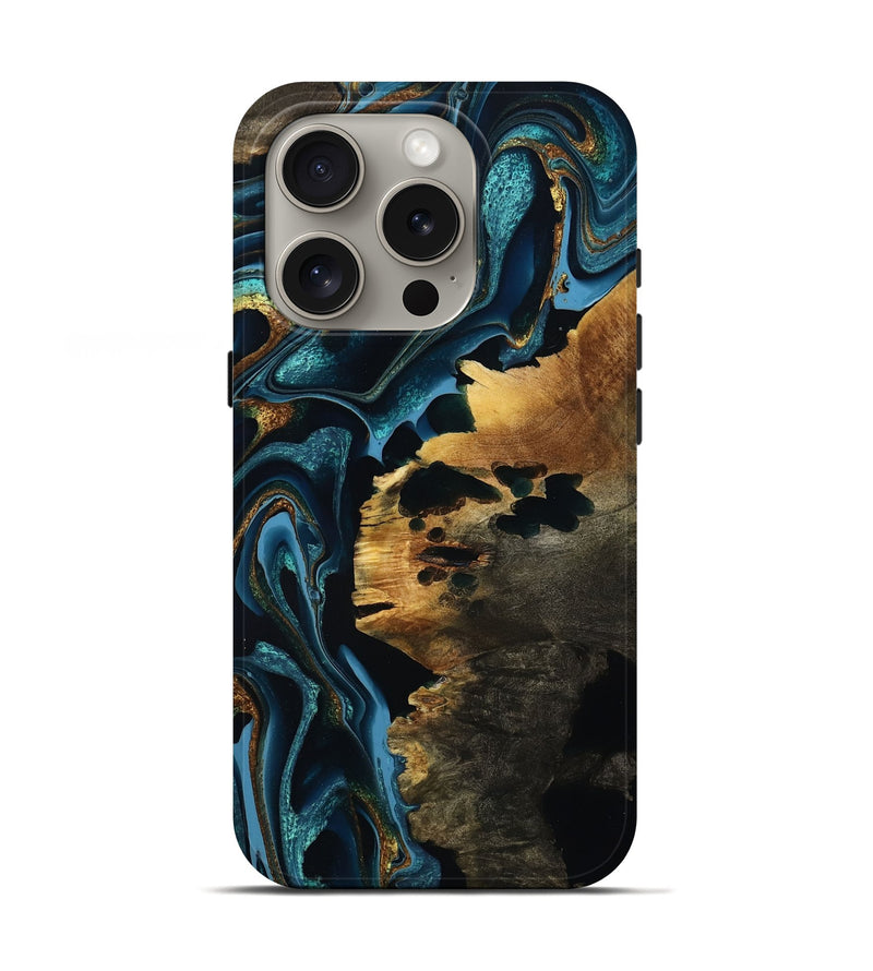 iPhone 16 Pro Wood Live Edge Phone Case - Vergie (Teal & Gold, 795574)