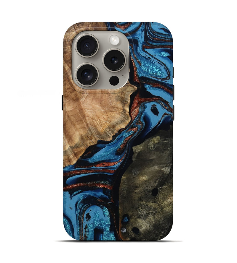 iPhone 16 Pro Wood Live Edge Phone Case - Andria (Teal & Gold, 795581)