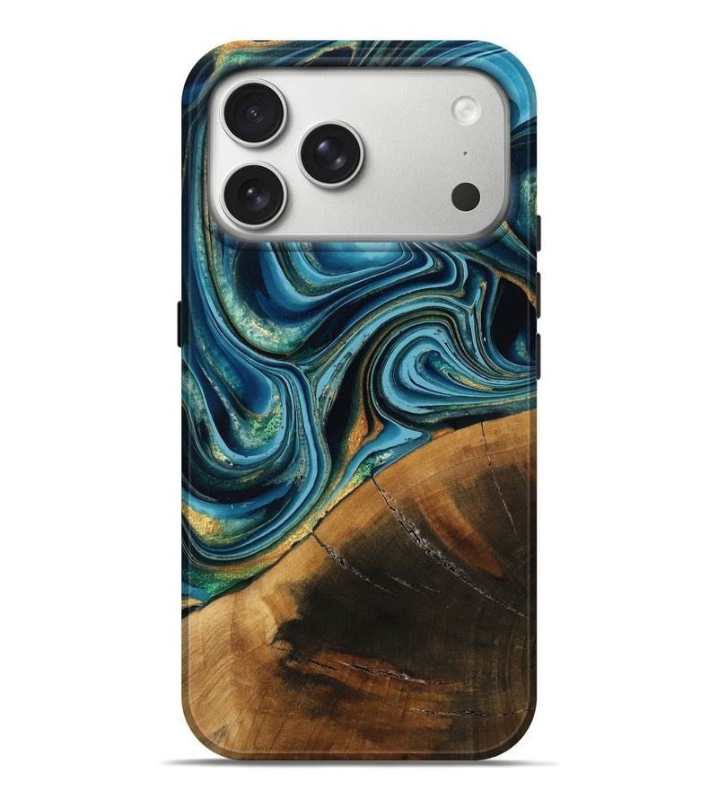 iPhone 17 Pro Max Wood Live Edge Phone Case - Aurelia (Teal & Gold, 795582)