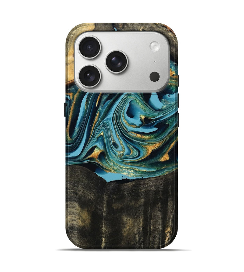iPhone 17 Pro Wood Live Edge Phone Case - Fate (Teal & Gold, 795583)