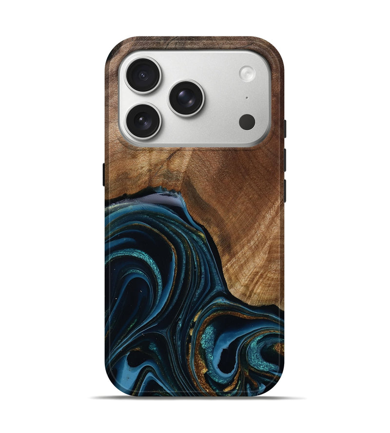 iPhone 17 Pro Wood Live Edge Phone Case - Makena (Teal & Gold, 795596)