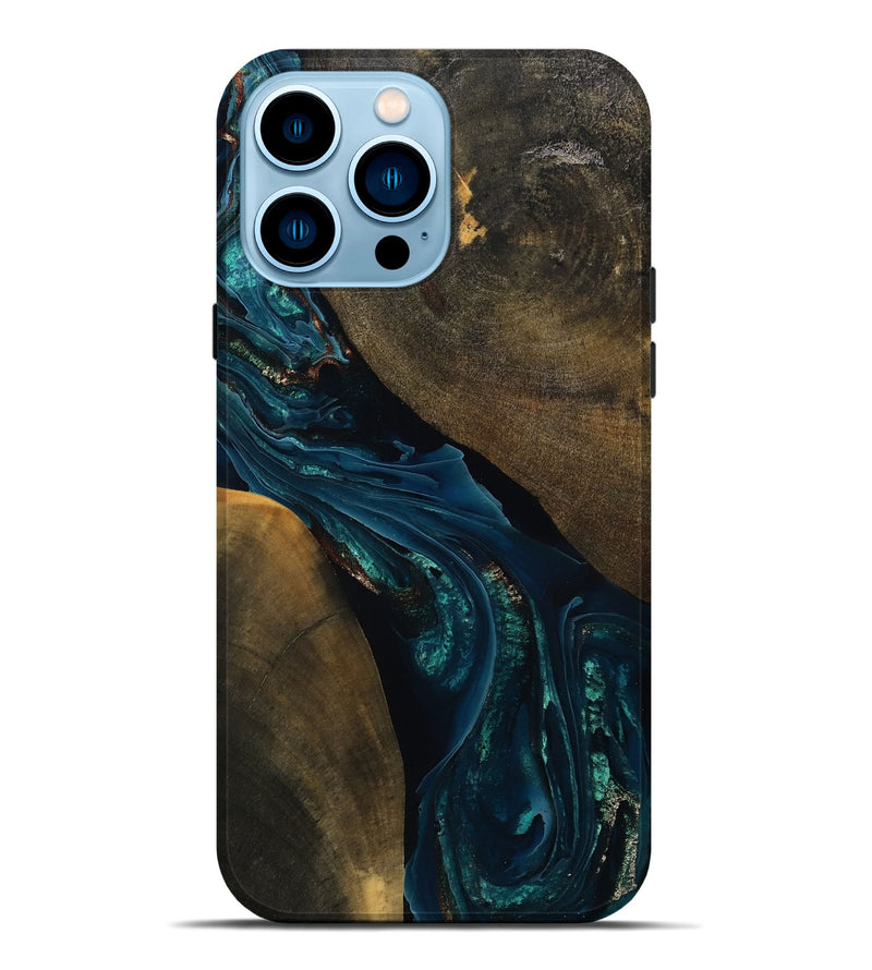 iPhone 14 Pro Max Wood Live Edge Phone Case - Caryn (Teal & Gold, 795609)