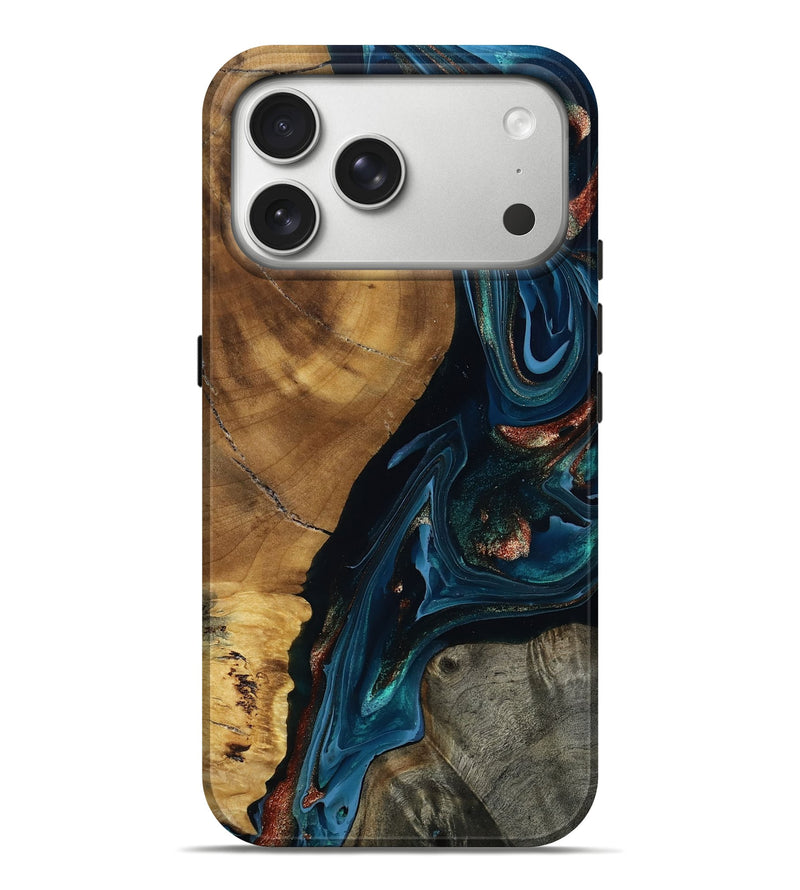 iPhone 17 Pro Max Wood Live Edge Phone Case - Quinn (Teal & Gold, 795611)