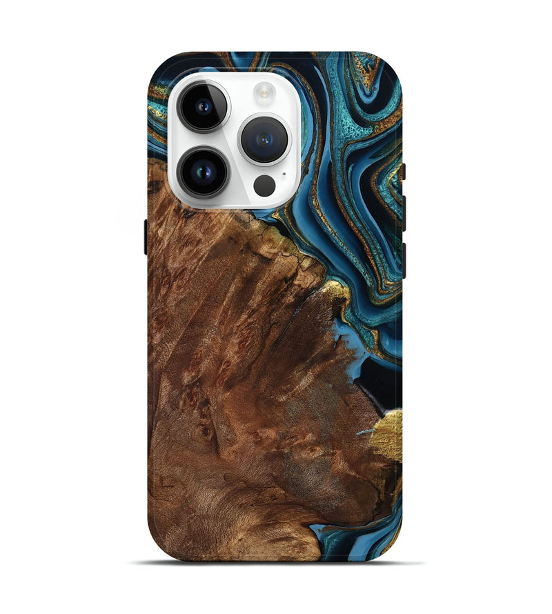 iPhone 15 Pro Wood Live Edge Phone Case - Elissa (Teal & Gold, 795865)