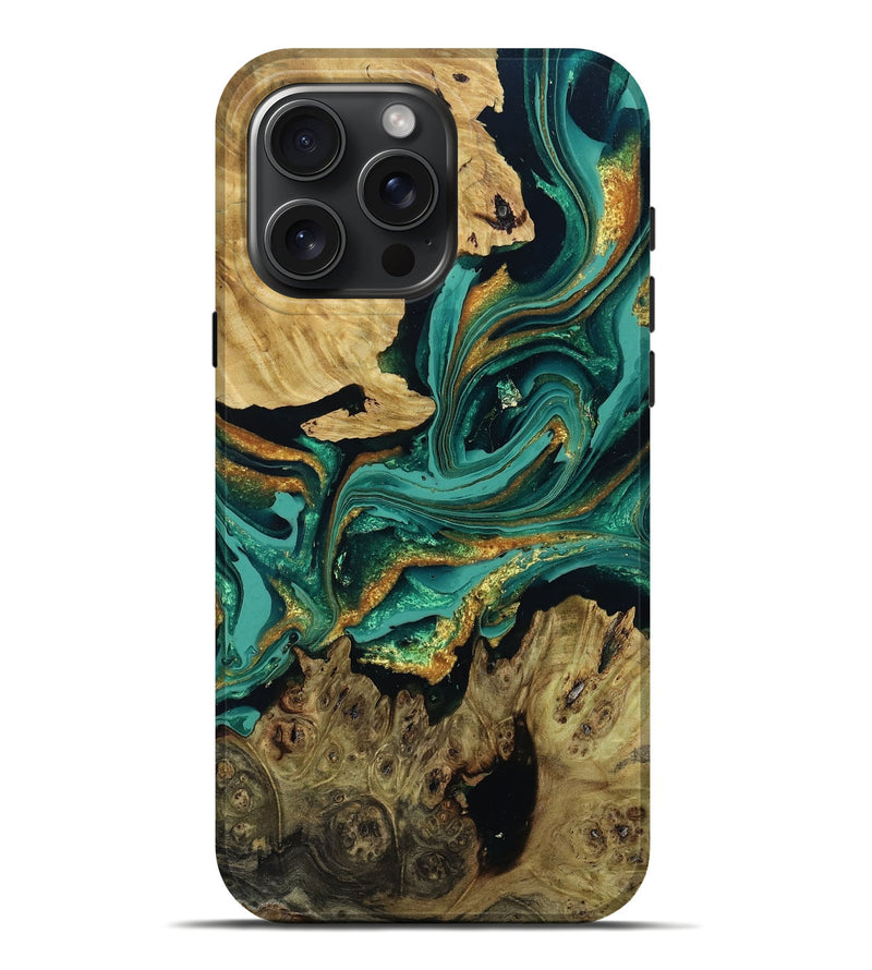 iPhone 16 Pro Max Wood Live Edge Phone Case - Delano (Teal & Gold, 795875)