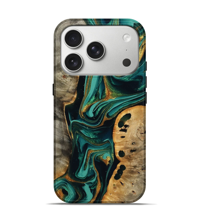 iPhone 17 Pro Wood Live Edge Phone Case - Leandra (Teal & Gold, 795882)