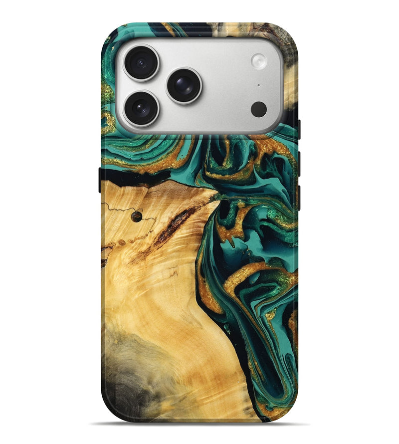 iPhone 17 Pro Max Wood Live Edge Phone Case - Odie (Teal & Gold, 795897)