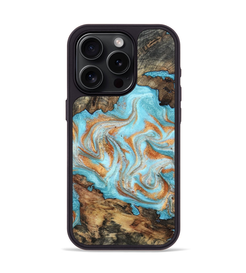 iPhone 15 Pro Wood Phone Case - Freda (Teal & Gold, 796184)