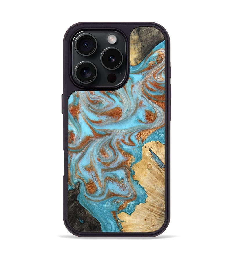 iPhone 16 Pro Wood Phone Case - Love (Teal & Gold, 796521)