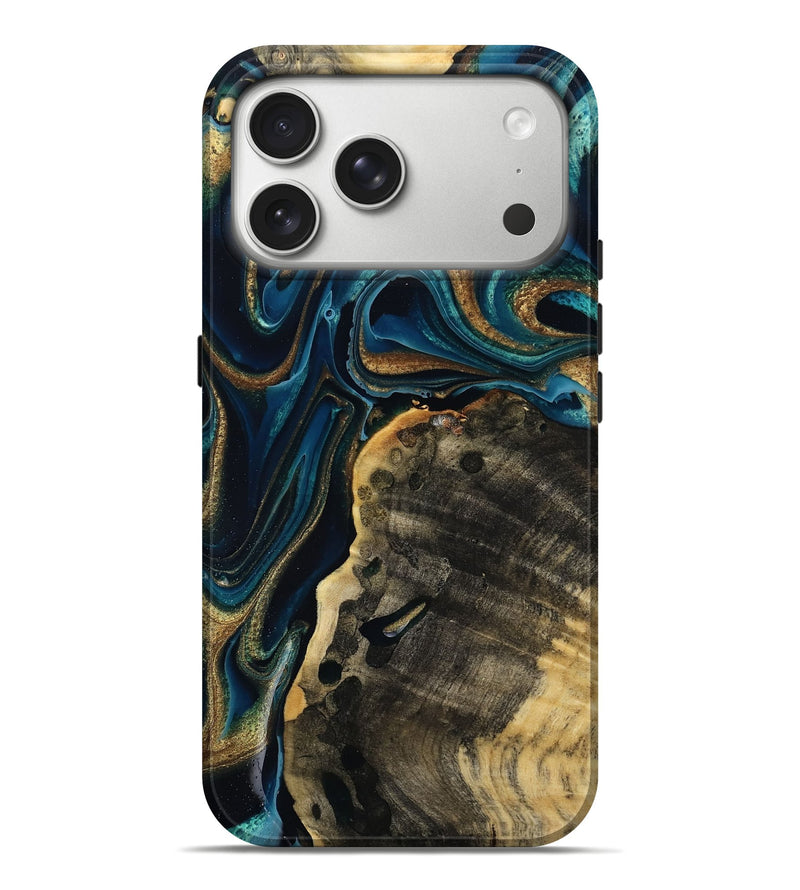 iPhone 17 Pro Max Wood Live Edge Phone Case - Gladys (Teal & Gold, 796817)