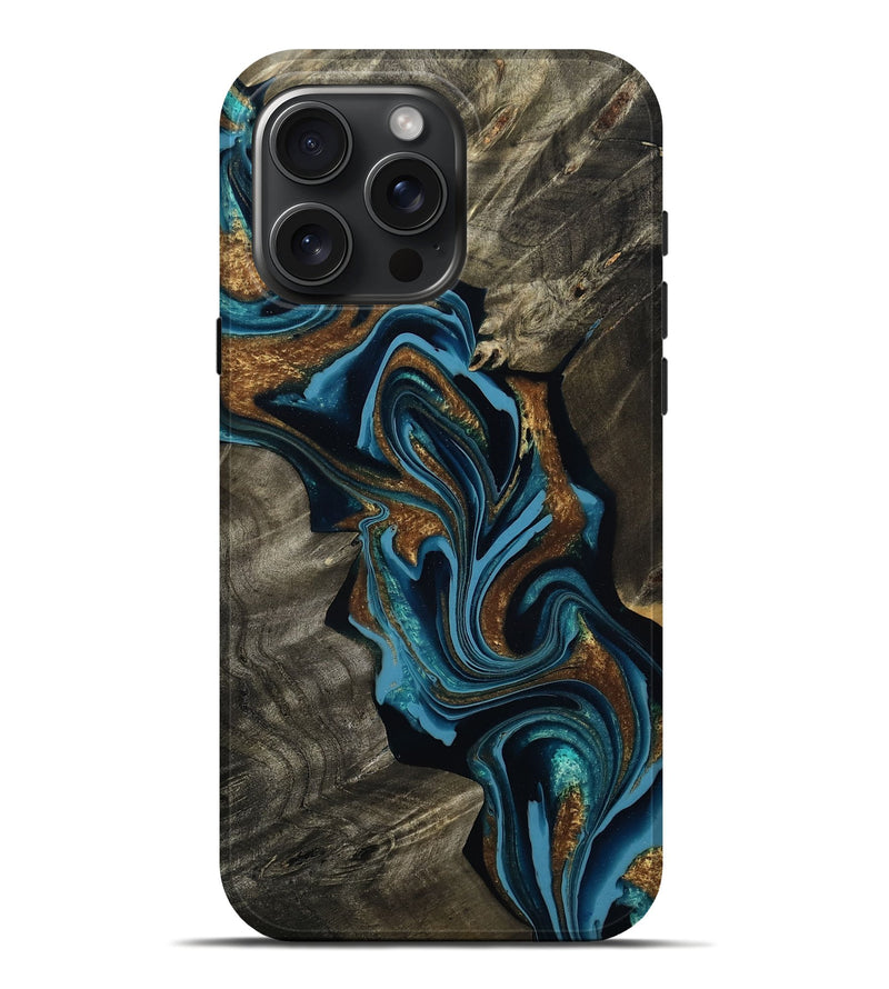 iPhone 16 Pro Max Wood Live Edge Phone Case - Robyn (Teal & Gold, 796818)