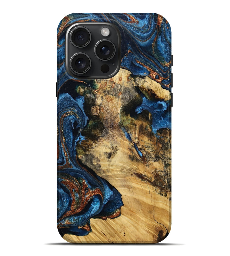 iPhone 16 Pro Max Wood Live Edge Phone Case - Rubye (Teal & Gold, 796829)