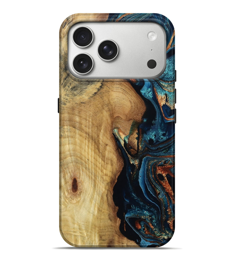 iPhone 17 Pro Max Wood Live Edge Phone Case - Braylon (Teal & Gold, 796845)