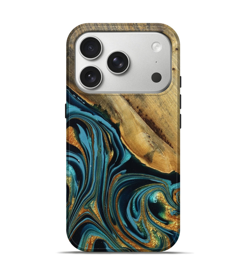 iPhone 17 Pro Wood Live Edge Phone Case - Lorie (Teal & Gold, 796854)