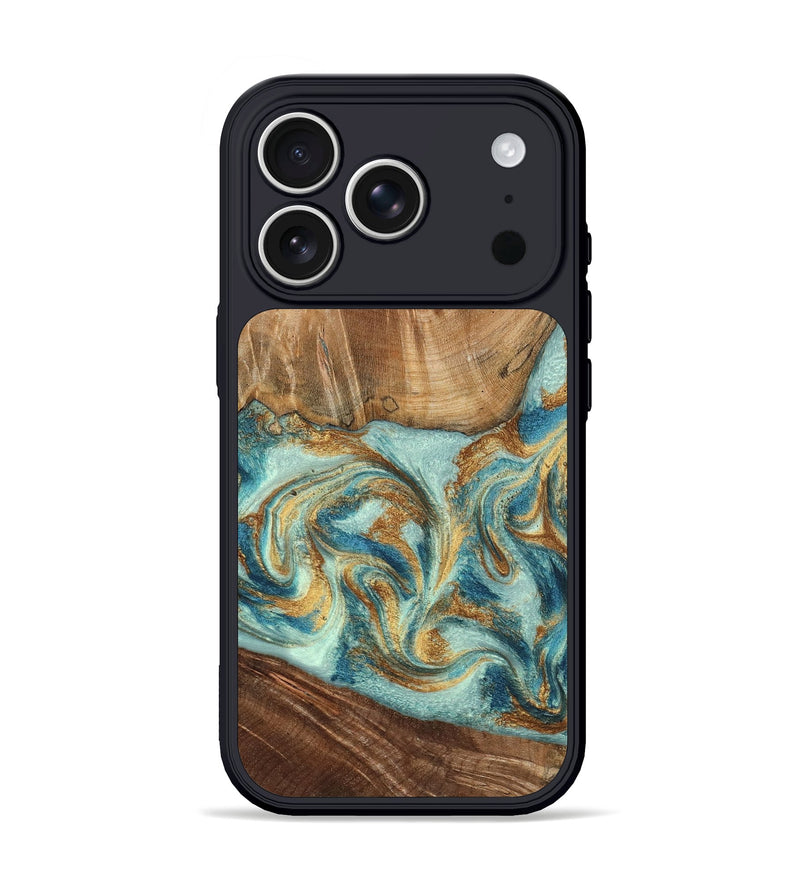 iPhone 17 Pro Wood Phone Case - Bria (Teal & Gold, 796974)