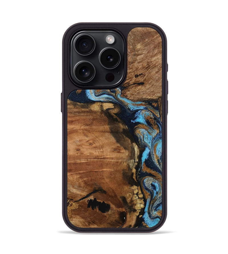 iPhone 15 Pro Wood Phone Case - Melba (Teal & Gold, 796975)
