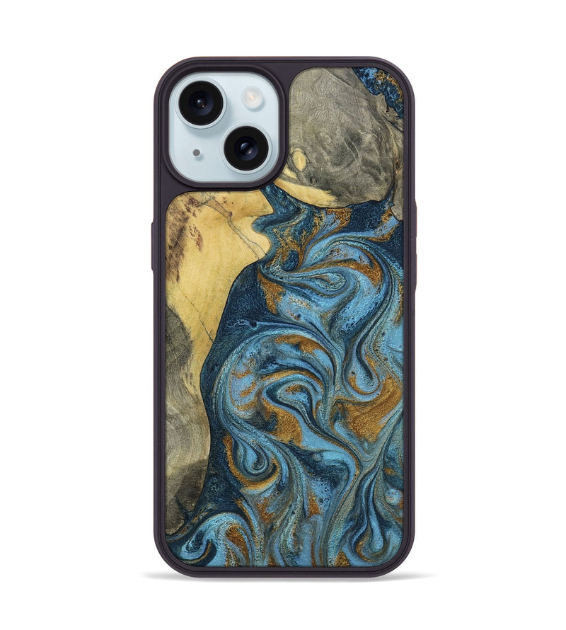 iPhone 15 Wood Phone Case - Louisa (Teal & Gold, 797022)