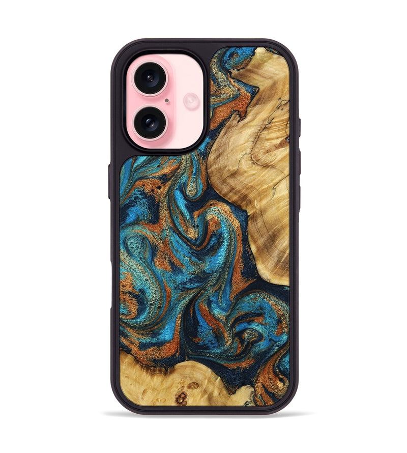 iPhone 16 Wood Phone Case - Carla (Teal & Gold, 797027)