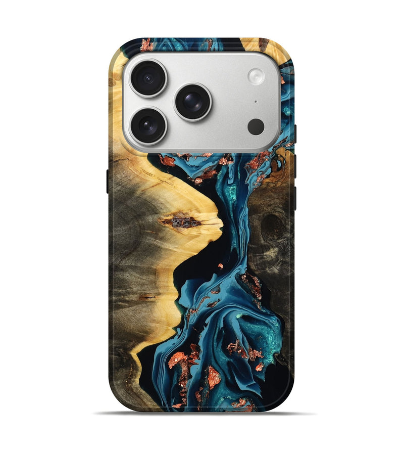 iPhone 17 Pro Wood Live Edge Phone Case - Jill (Teal & Gold, 797481)