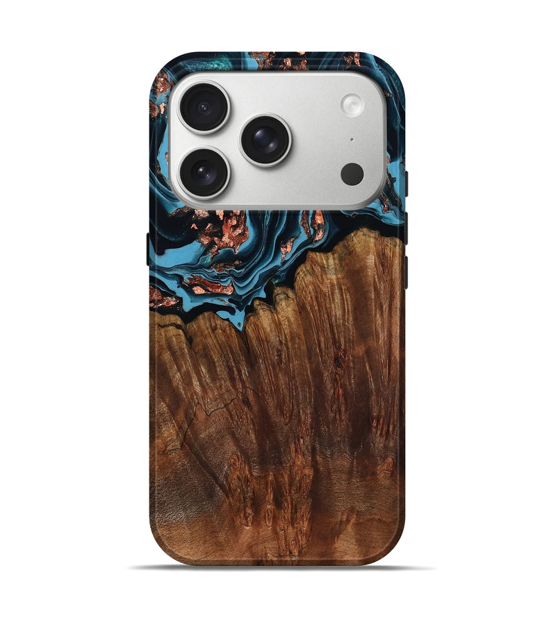iPhone 17 Pro Wood Live Edge Phone Case - Zetta (Teal & Gold, 797487)