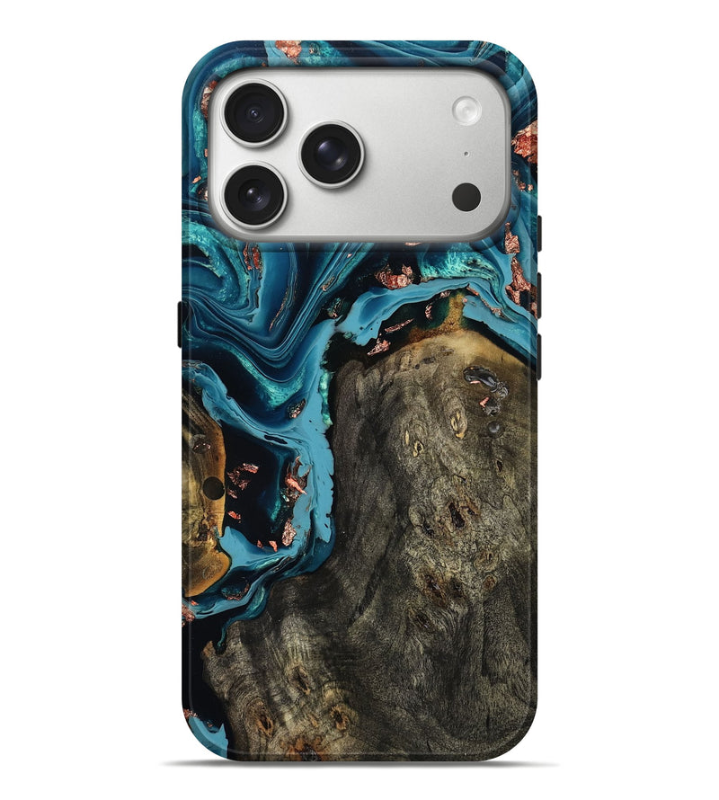 iPhone 17 Pro Max Wood Live Edge Phone Case - Amaris (Teal & Gold, 797489)