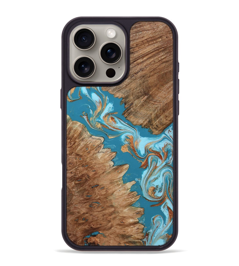 iPhone 16 Pro Max Wood Phone Case - Dee (Teal & Gold, 797789)