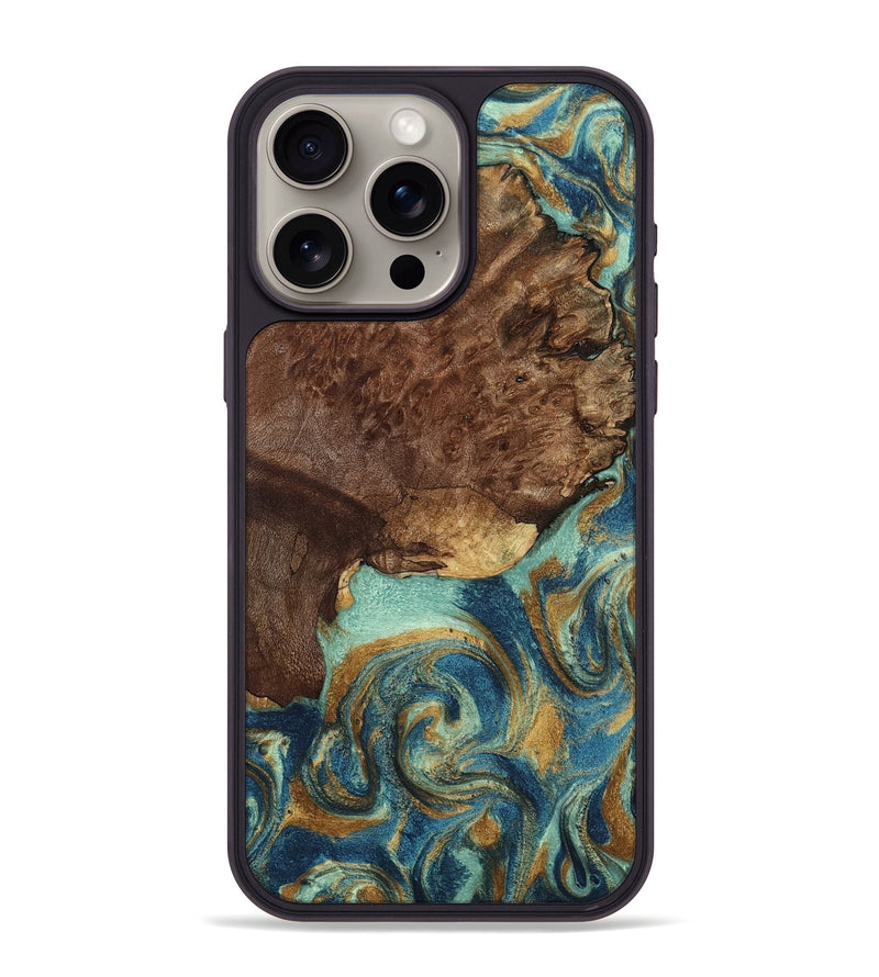 iPhone 15 Pro Max Wood Phone Case - Alaia (Teal & Gold, 798199)