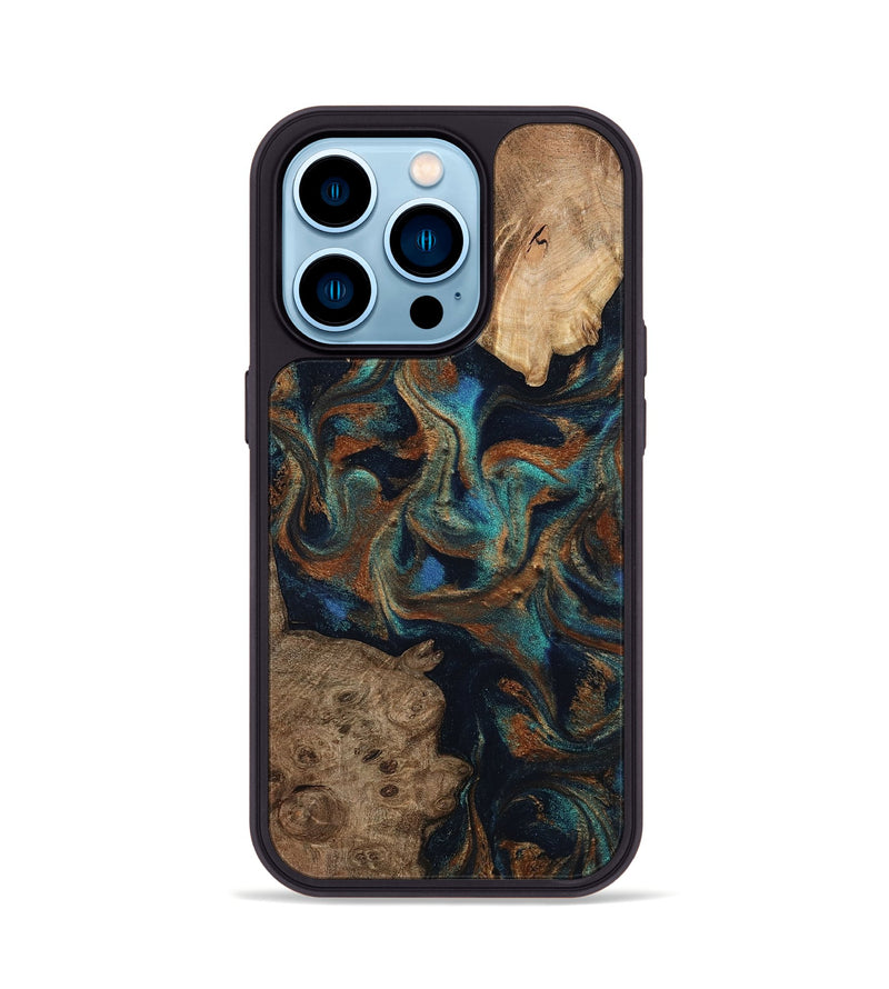 iPhone 14 Pro Wood Phone Case - Zander (Teal & Gold, 798346)