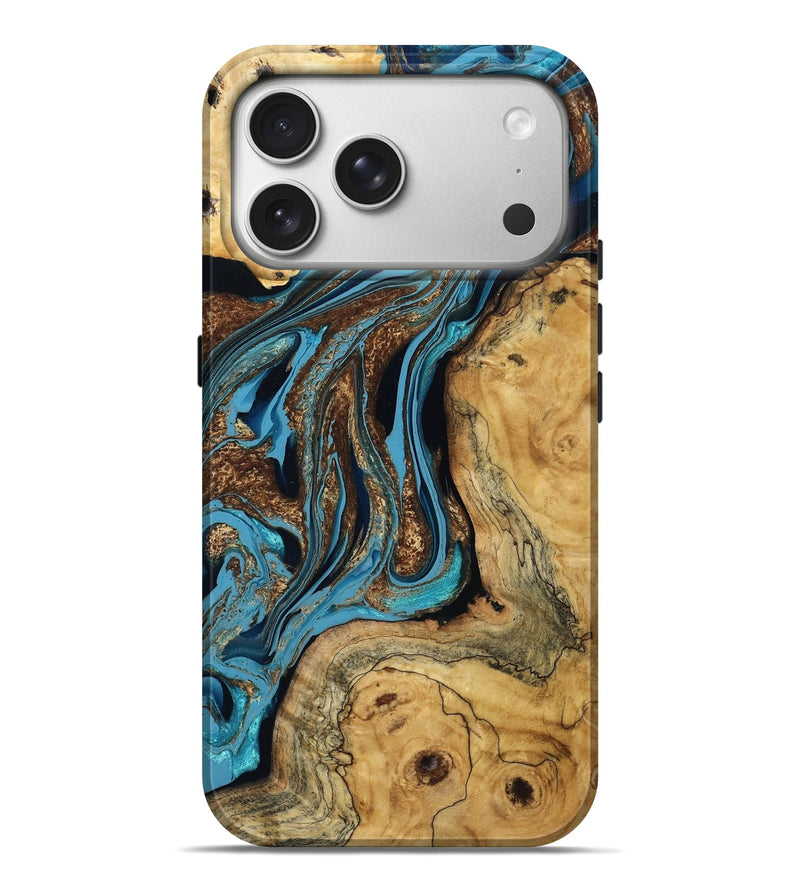 iPhone 17 Pro Max Wood Live Edge Phone Case - Arthur (Teal & Gold, 798361)