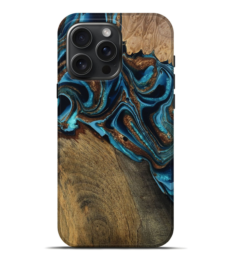 iPhone 16 Pro Max Wood Live Edge Phone Case - Bradley (Teal & Gold, 798367)