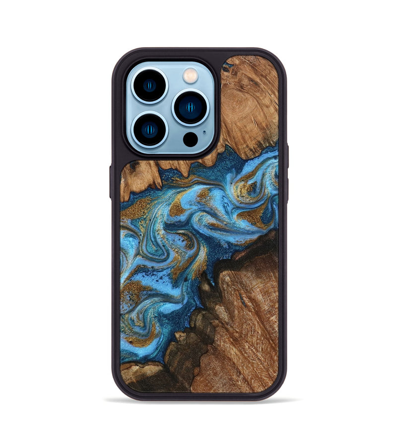 iPhone 14 Pro Wood Phone Case - Alonso (Teal & Gold, 798748)