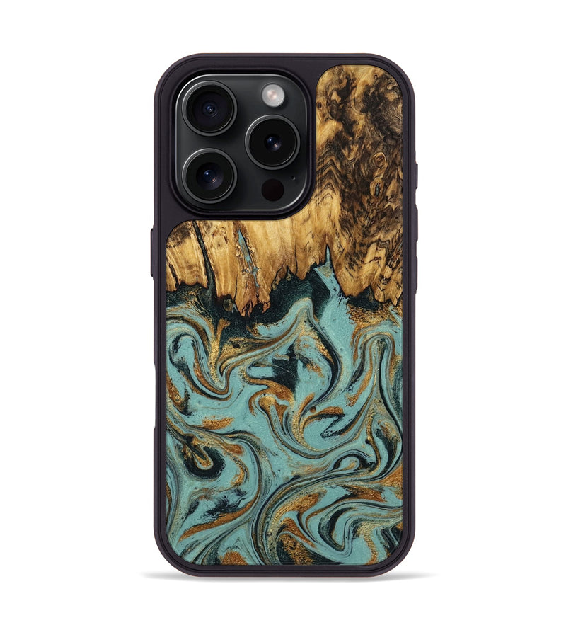 iPhone 16 Pro Wood Phone Case - Imogene (Teal & Gold, 798969)
