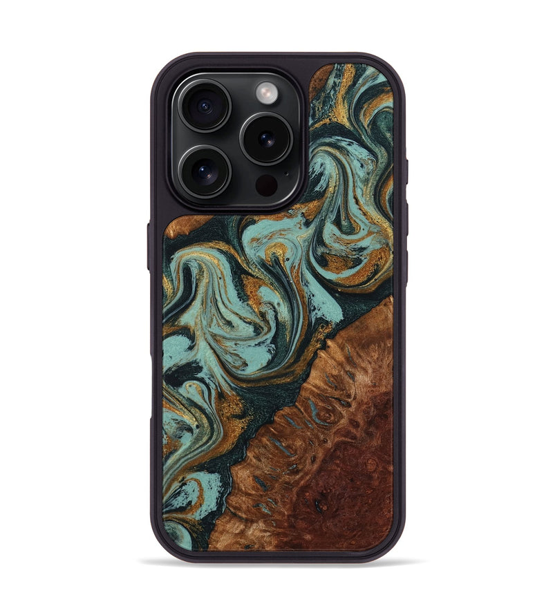 iPhone 16 Pro Wood Phone Case - Jaeden (Teal & Gold, 798991)
