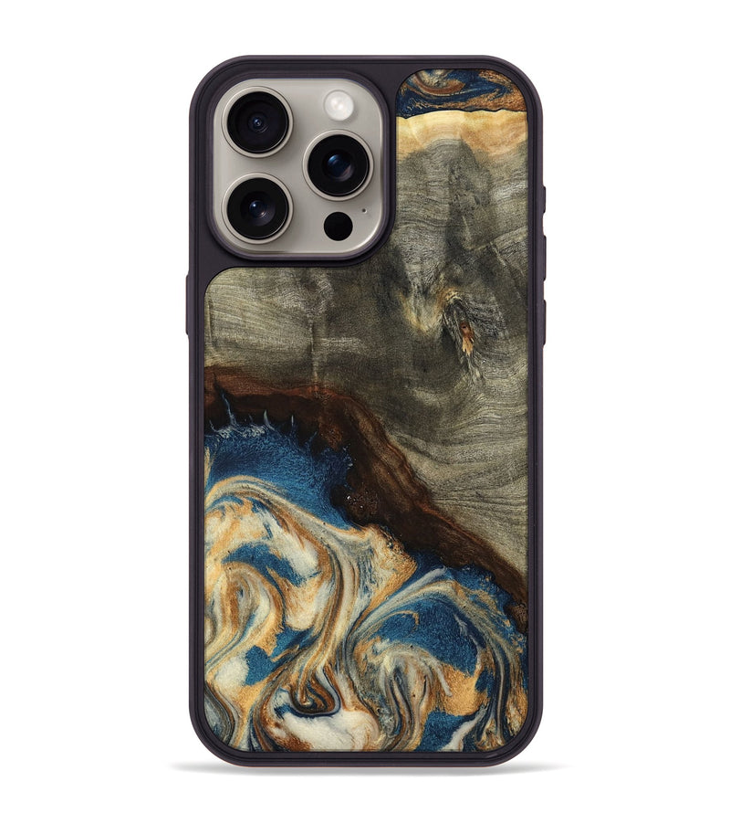 iPhone 15 Pro Max Wood Phone Case - Mozelle (Teal & Gold, 799196)