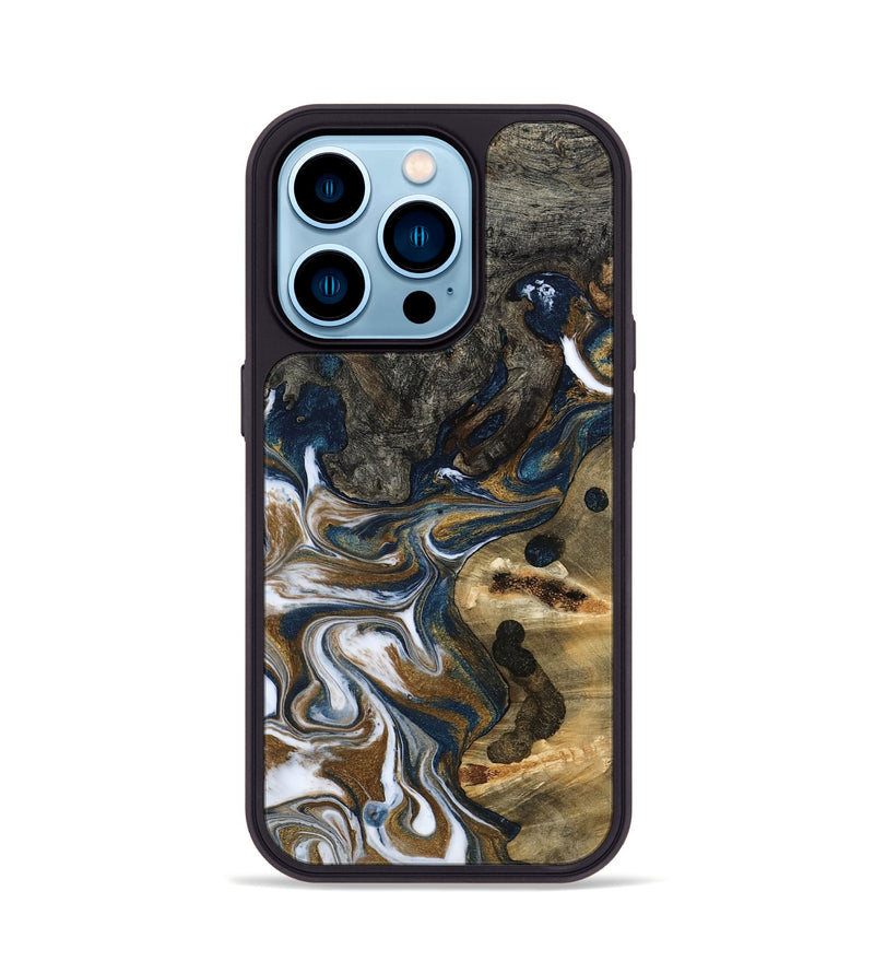 iPhone 14 Pro Wood Phone Case - August (Teal & Gold, 800424)