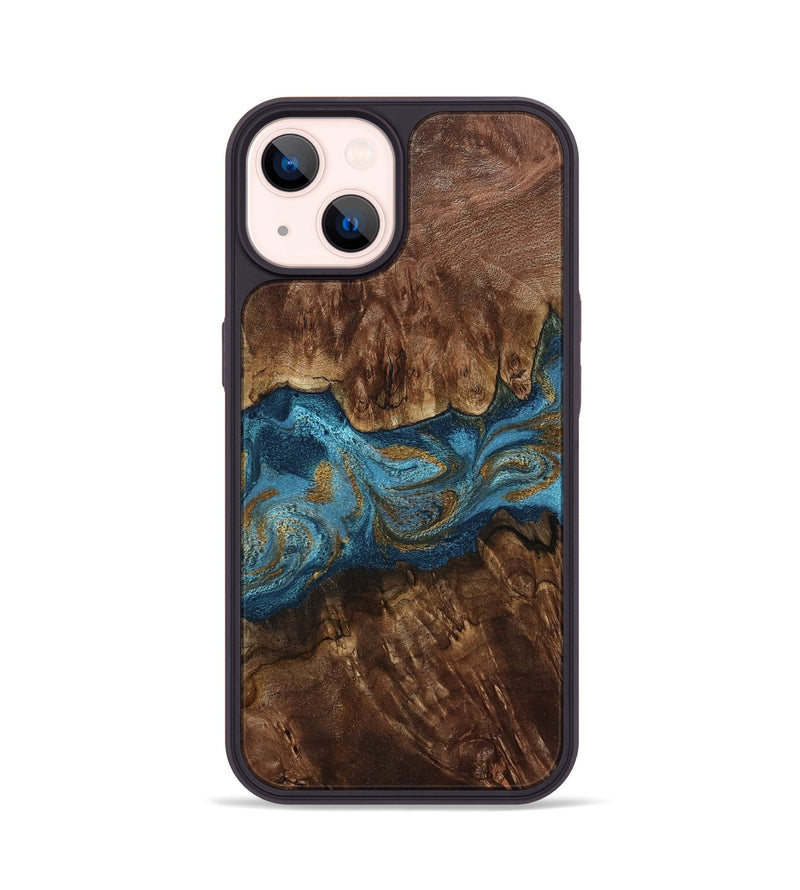 iPhone 14 Wood Phone Case - Aries (Teal & Gold, 800445)