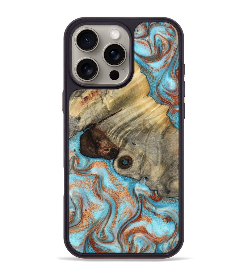 iPhone 16 Pro Max Wood Phone Case - Elia (Teal & Gold, 800447)